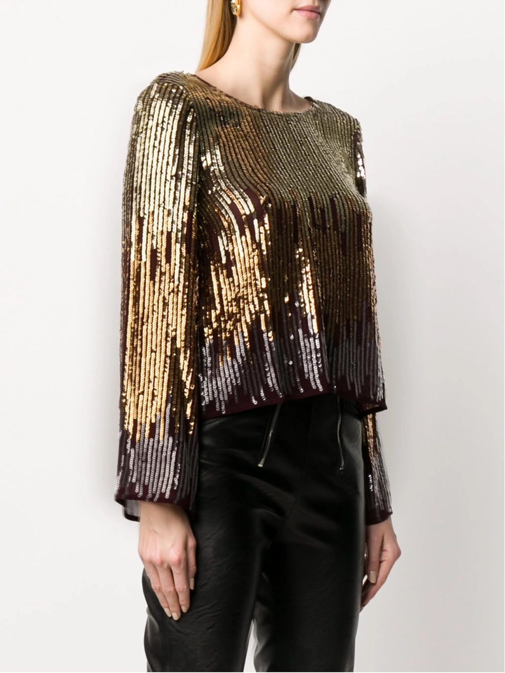 Rixo Bettina Ombre Sequin Long Sleeve Top Burgundy Gold Sz L